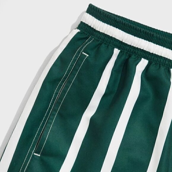 Green Vacation Style Striped Men's Swim Trunks - Picture 5 of 6